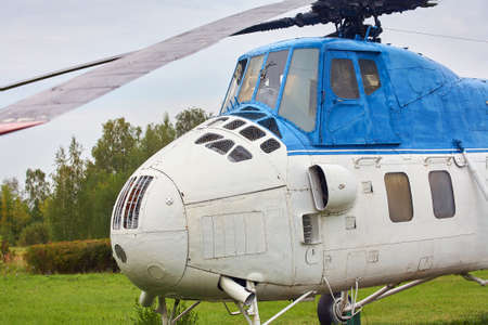 Small white helicopter with a blue stripe on the green grass.