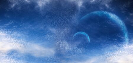 Fantastic planets in the sky with cloudsの写真素材