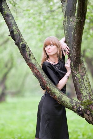 The woman nestled on a tree in parkの写真素材