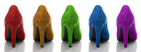colorful suede female shoes with high heels on white の写真素材
