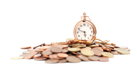 Pocket watch and coins on white background closeupの写真素材