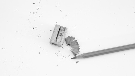 Gray pencil and sharpener on white. Photos office appliancesの写真素材