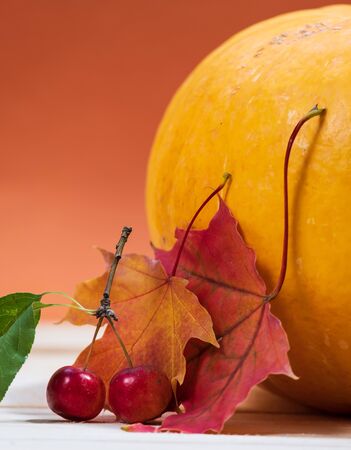 pumpkin, maple leaves and small red apples on an orange backgroundの写真素材