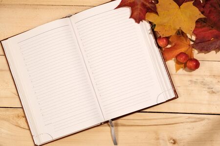 diary, maple leaves and small red apples lie on a wooden tableの写真素材