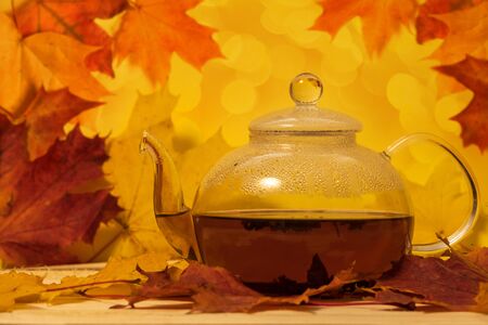 glass teapot on a table with autumn leaves on a yellow backgroundの写真素材