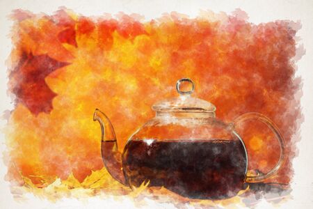 glass teapot on a table with autumn leaves on a yellow background with bokeh
の写真素材