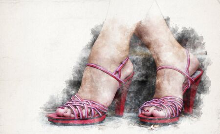 Beautiful female feet in red shoes closeupの写真素材