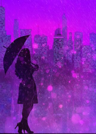 beautiful dark elegant woman silhouette with umbrella on purple city background with neon with boke and rainの写真素材