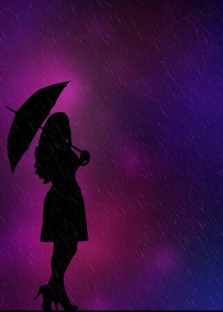 beautiful dark elegant woman silhouette with umbrella on purple background with rainの写真素材