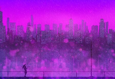 silhouette of a woman with an umbrella in the rain against the backdrop of a beautiful fantastic...