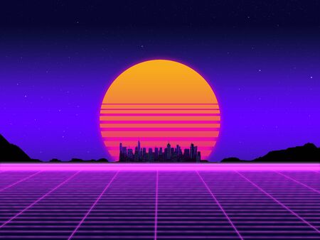 beautiful background with the evening sun in the style of retro-wave on a neon sky with stars,...