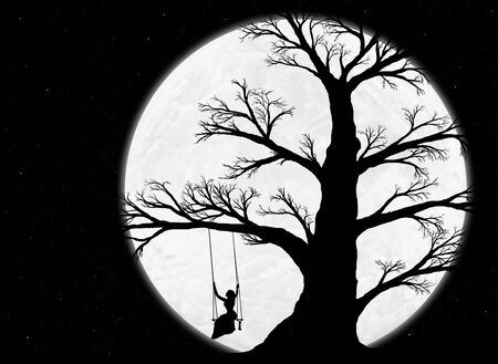 beautiful black silhouette of an old big tree and a woman on a swing against the night sky with stars and a huge moonの写真素材