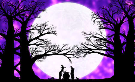 silhouettes of witches near the cauldron in the evening autumn forest against the background of the big moonの写真素材