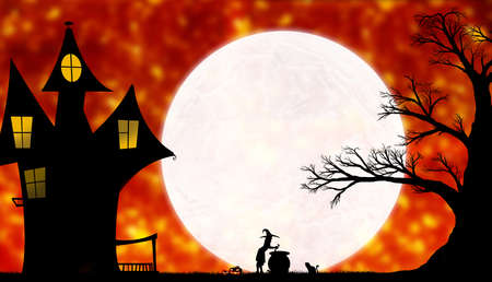 silhouette of a witch near the cauldron in the courtyard of the house at evening against the background of a large beautiful moonの写真素材