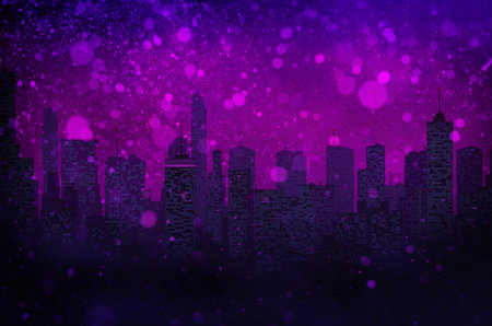 beautiful fantastic cityscape with skyscrapers in the evening in neon lighting and snowfallの写真素材