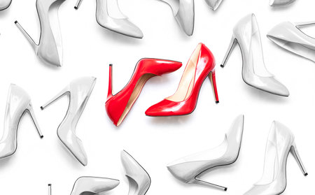 beautiful female shiny red and white stilettos on a white backgroundの写真素材