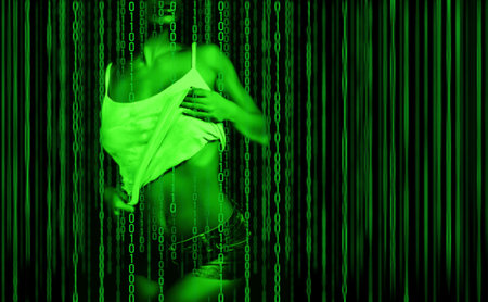 beautiful body of athletic woman on binary code background