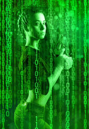 beautiful woman in cyberpunk style with a revolver in her hands against the background of a binary codeの写真素材
