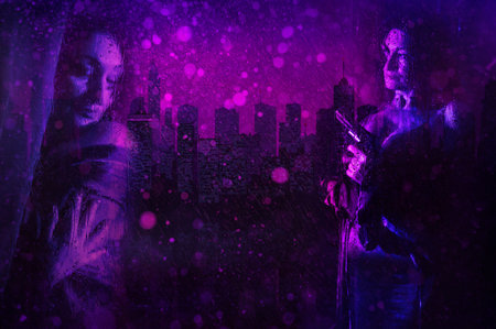 beautiful woman with a revolver in her hands behind a wet glass with raindrops and a city in the...