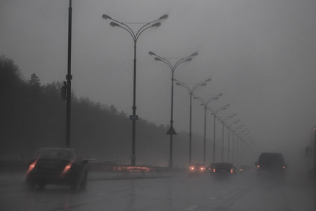 noir photo of cars on the highway in the evening in a stormの写真素材