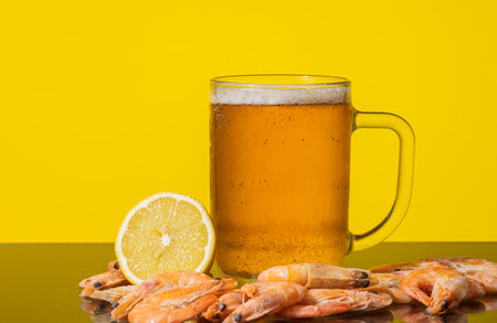 mug with beer and shrimp with lemon on yellow backgroundの写真素材