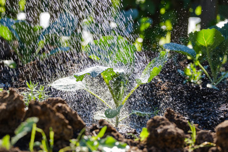 watering green cabbage in the garden bedの写真素材