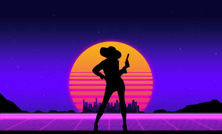 beautiful background with the evening sun and a silhouette of a woman with a revolver in the style of a retrowave in the neon sky with stars, the city on the horizon and a luminous gridの写真素材