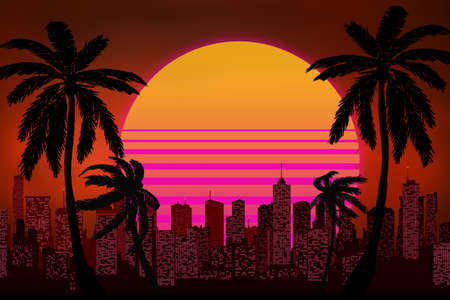 beautiful fantastic futuristic city with skyscrapers in neon lighting, palm trees and the big setting sunの写真素材