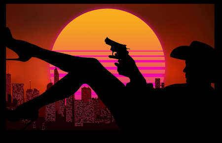 beautiful background in retro wave style with evening sun and silhouette of woman with revolver and city on the horizonの写真素材