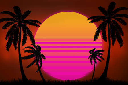 beautiful silhouettes of palm trees and grass against the background of the evening sun in the skyの写真素材