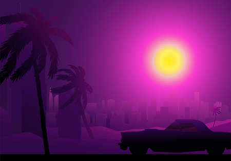 beautiful car against the backdrop of palm trees and the city drawn in retrowave style. car near the...