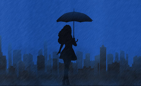 beautiful silhouette of a woman with an umbrella against the backdrop of the city and skyscrapers in the rainの写真素材