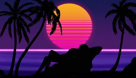 beautiful fantastic sunset on the beach with palm trees against the background of the starry sky and...