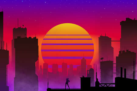 beautiful fantastic city with silhouettes of skyscrapers against the backdrop of a sunset and a woman standing on the roofの写真素材
