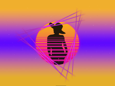 beautiful background with evening sun and silhouette of woman in retrowave style in neon sky with...