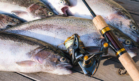 spinning rod with reel and caught trout lie on a wooden table