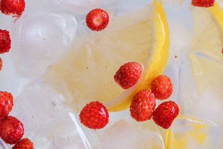 Close-up of a sliced lemon wedge, strawberries and iceの写真素材