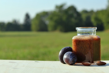 Plums drink with plum and pips in nature.の写真素材