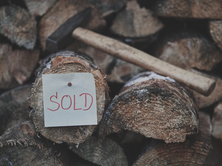 Double-layer firewood step with red SOLD tag nailed on, hammer fully visible but slightly blurred,...