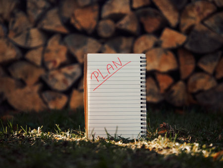 Spiral notebook with red PLAN text placed on grass over firewood background, blank pages for text, warm sunlight on surrounding grass, modern lifestyle concept, productivity and planning ideaの写真素材