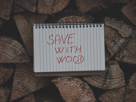 Matte blue-toned spiral notebook standing on stacked firewood, detailed wood texture, soft natural light, modern eco-friendly concept, cozy creative workspace idea.の写真素材