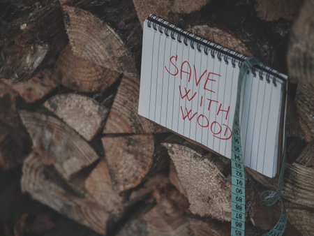 Side view of matte blue spiral notebook on stacked firewood with green-blue measuring tape draped across, soft natural light, detailed wood texture, creative eco-friendly concept, workspace inspiration.の写真素材