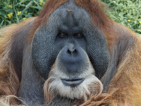 Close up portrait of male orangutan with expressive face, powerful primate showing intelligence and...