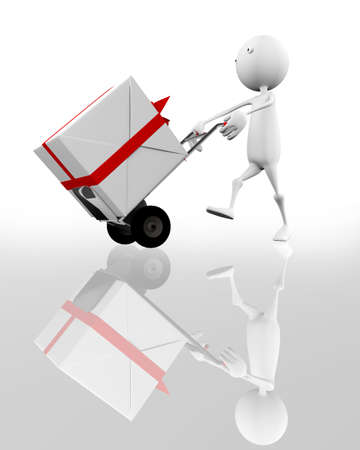 3d man wheels a cart with gifts.の写真素材