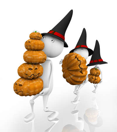 3d. Halloween. Three people have pumpkins on a white background.の写真素材