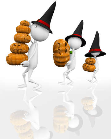 3d. Halloween. Three people have pumpkins on a white background.の写真素材