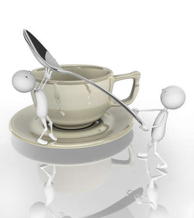 3d tiny people stir with a spoon of coffee.の写真素材