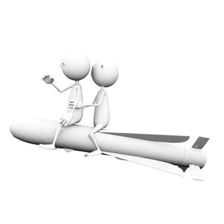 3D two people flying on a rocketの写真素材