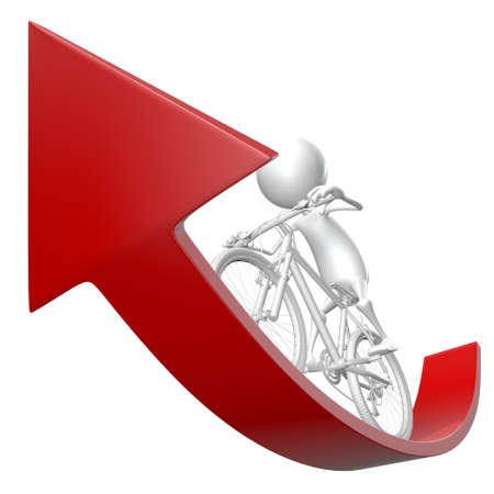 3d man riding his bicycle on the red arrow up, success