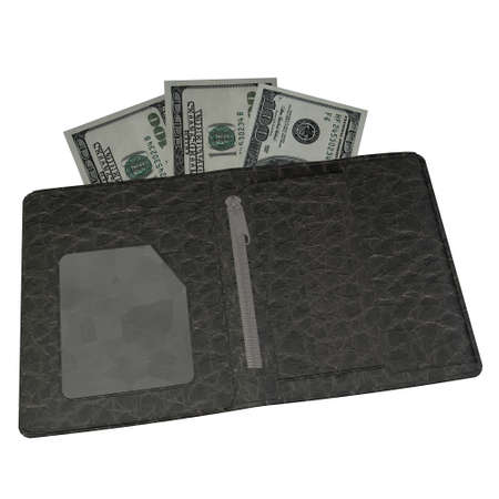 3d Banknotes dollars in leather black purse isolated on white